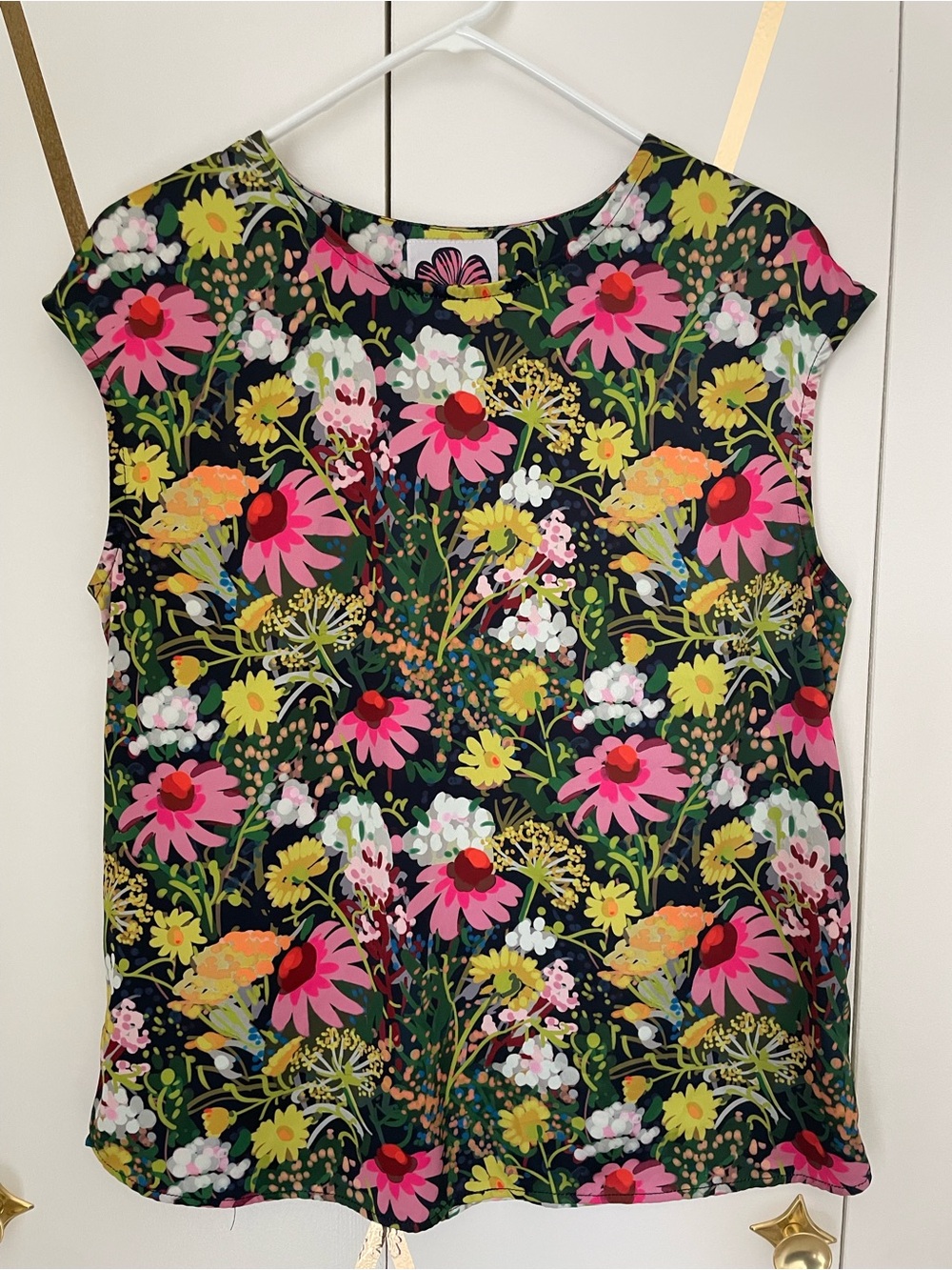 Floral Print Cap Sleeve Top - Pink & Yellow on Black